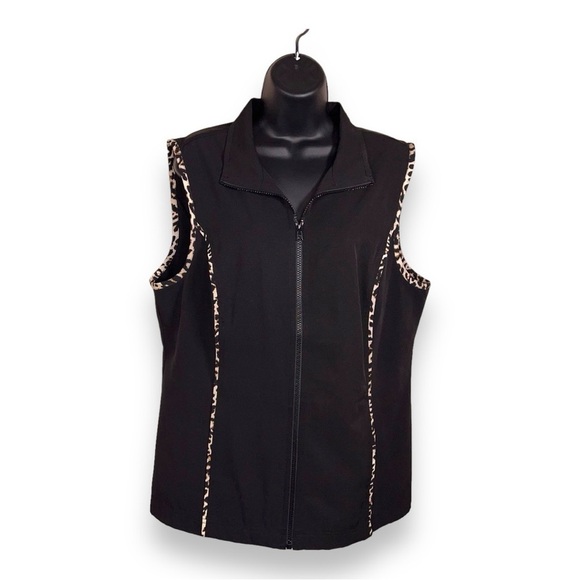 LARGE CHRISTOPHER AND BANKS BLACK LEOPARD PIPING VEST ZIP CLOSURE OUTDOOR - Picture 1 of 11